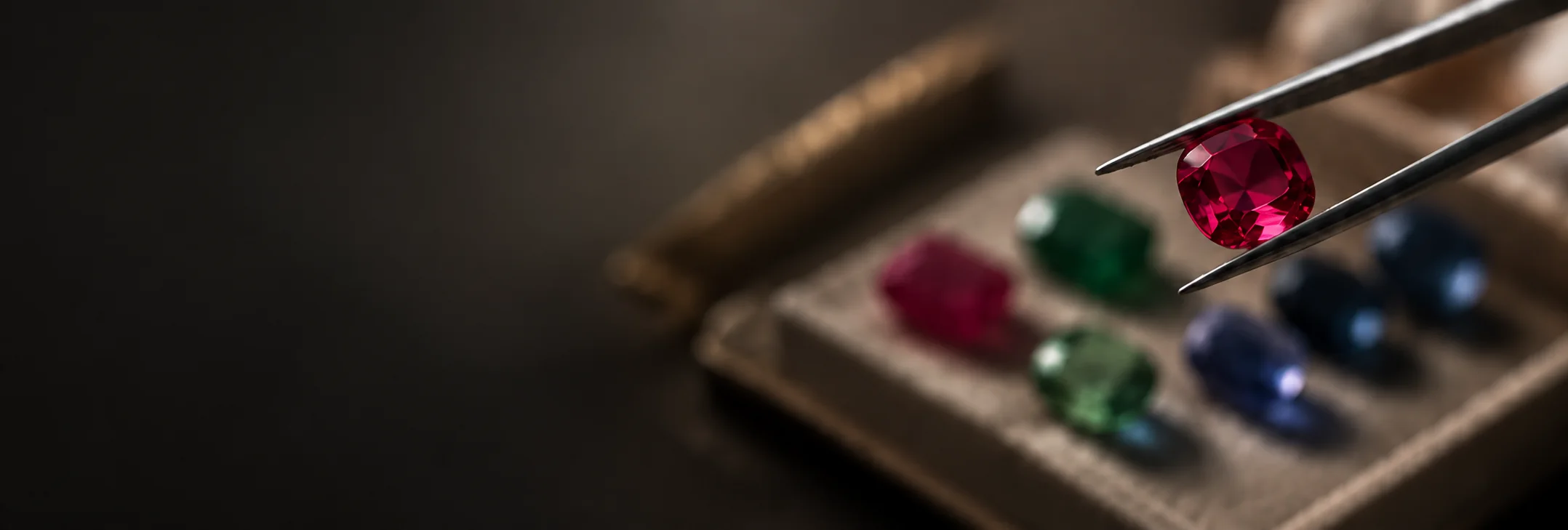 A ruby held in tweezers above colored gemstones