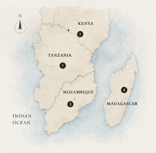 Map of East African gemstone sourcing countries
