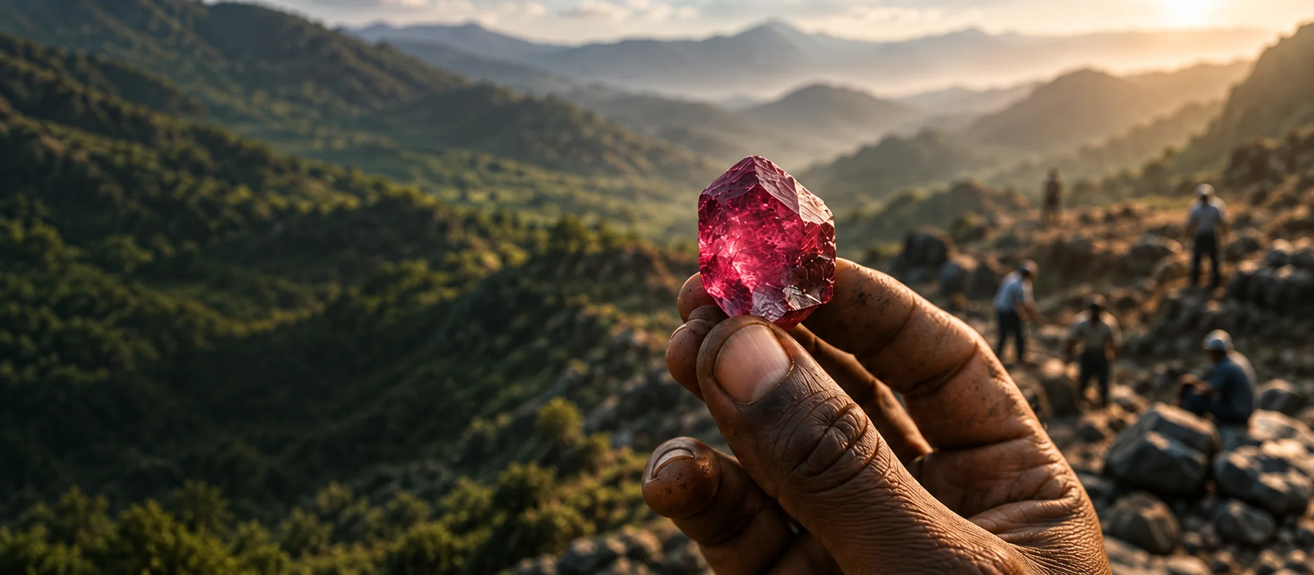 A natural red gemstone held at its source