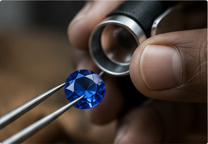 A gemstone inspected by hand