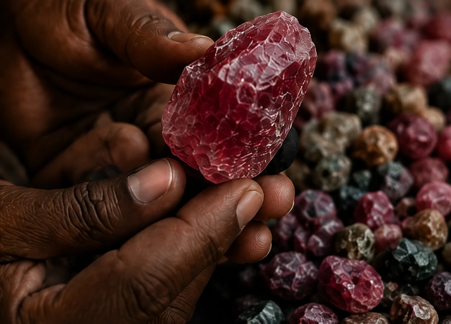 Colored gemstone rough against a dark background