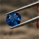 Blue sapphire held in tweezers
